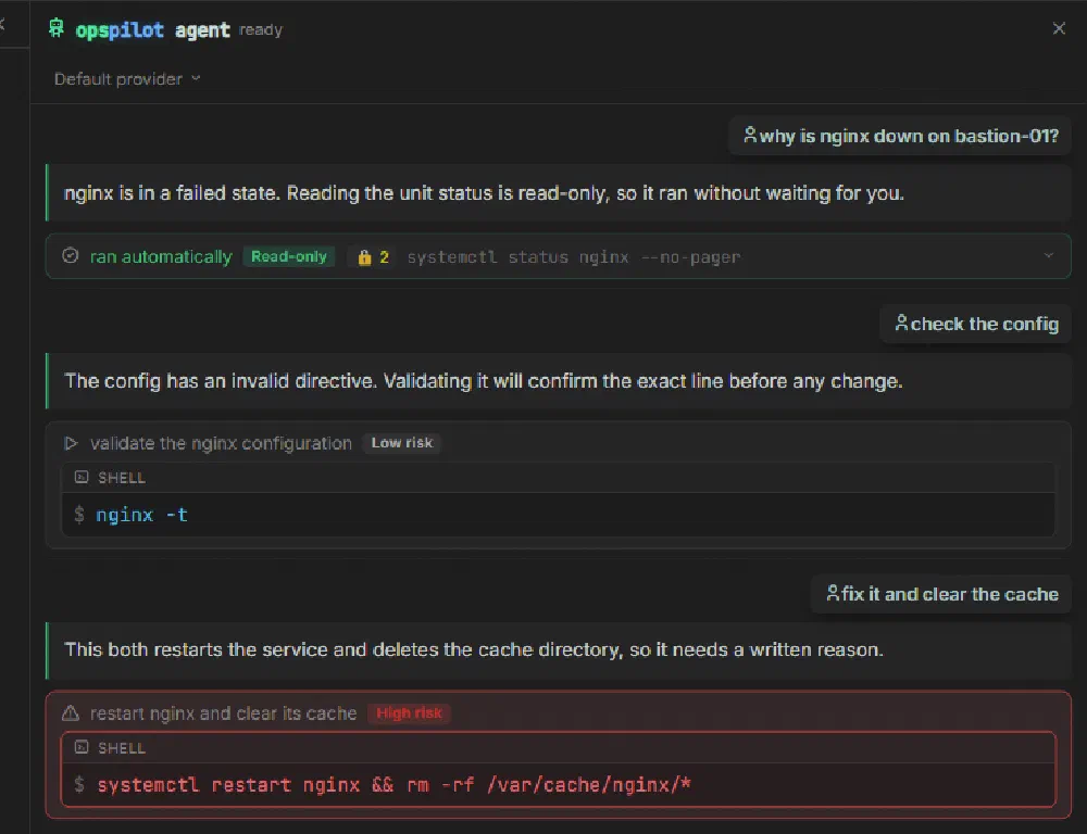 Three proposed commands in the OpsPilot AI panel, tagged read-only, low risk and high risk