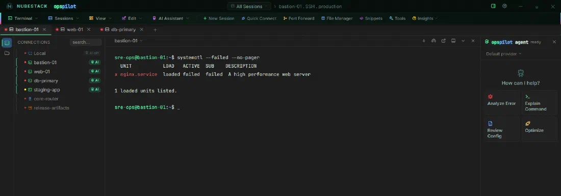 The OpsPilot workspace: saved connections on the left, a live SSH session in the centre, the AI panel on the right